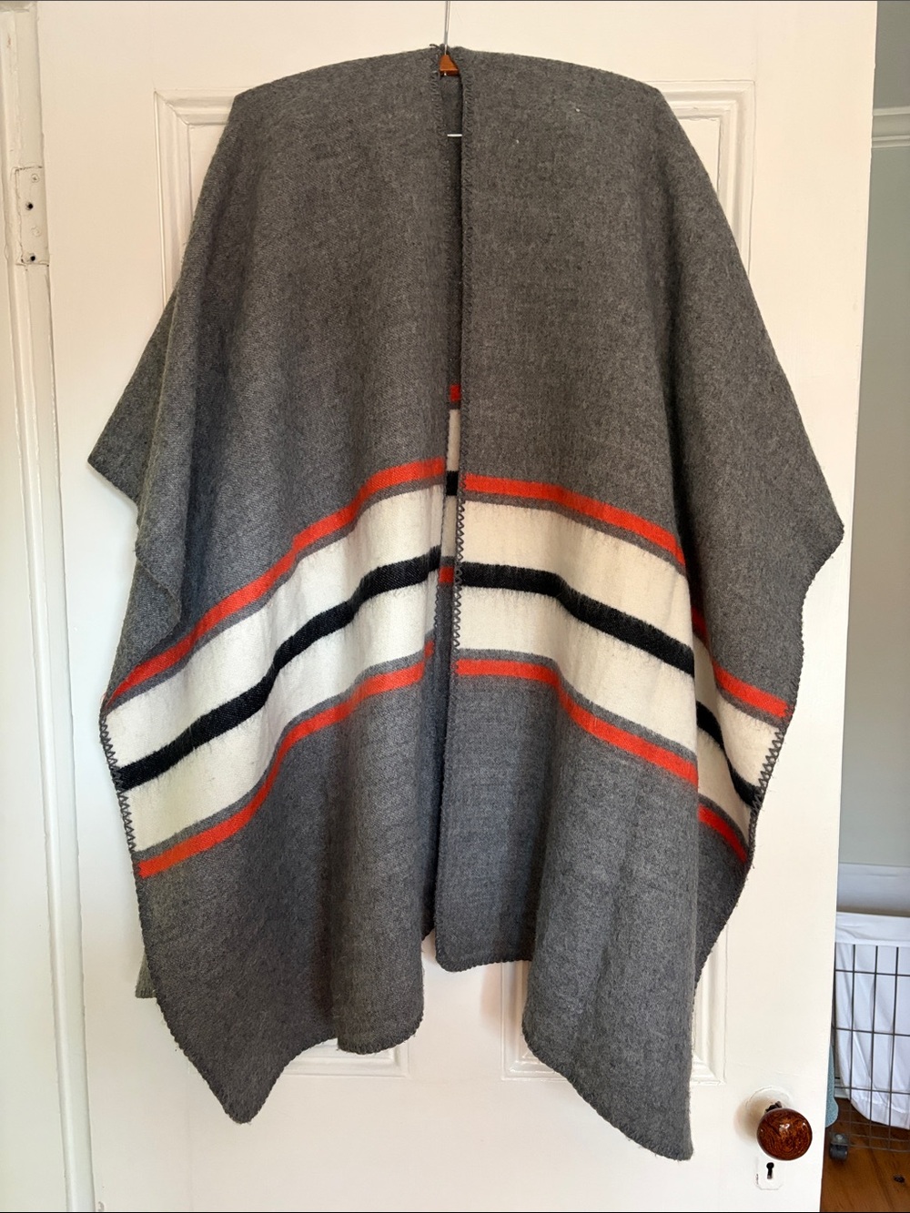 Gray Wool Stripe women’s Sweater Wrap - Gray with Orange & Black Stripes
